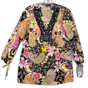 Sunny Taylor Black Shirt Boho Paisley Floral Beaded V-Neck Top NEW Women Size S